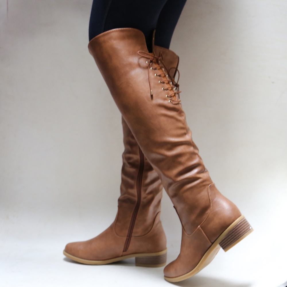 New Tan Over the Knee Back Lace Riding Boots - Picture 2 of 4